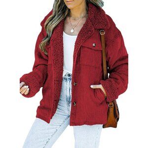 Women's A1 Red Jacket Vests Coat Fleece Fur Collar Button Down Winter Warm